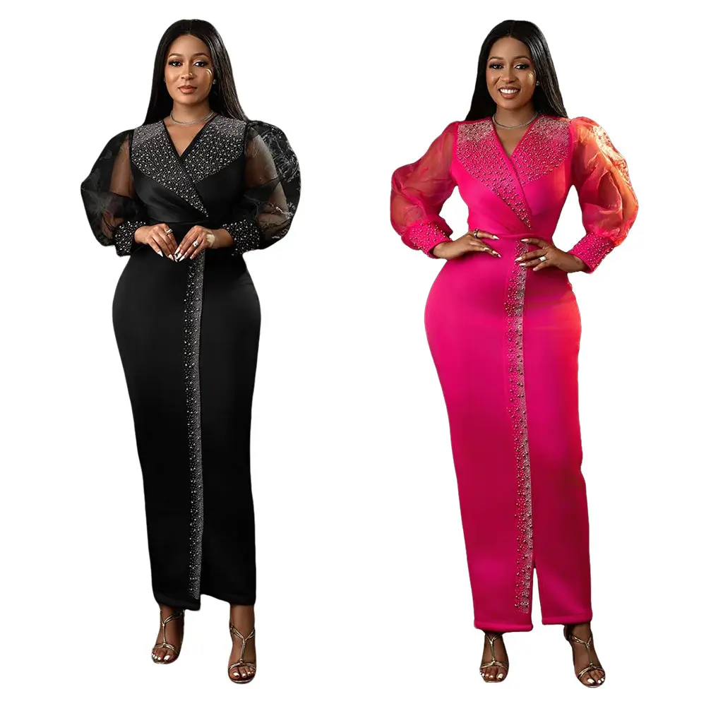Women's Puff - Sleeve Wrap - Front Rhinestone - Embellished Maxi Dress
