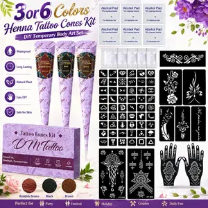 3/6 colors henna tattoo set with Henna Cones and DIY painting stencils. Safe mild formula, natural waterproof temporary patterns. Ideal for creating stylish body art in parties and festivals.