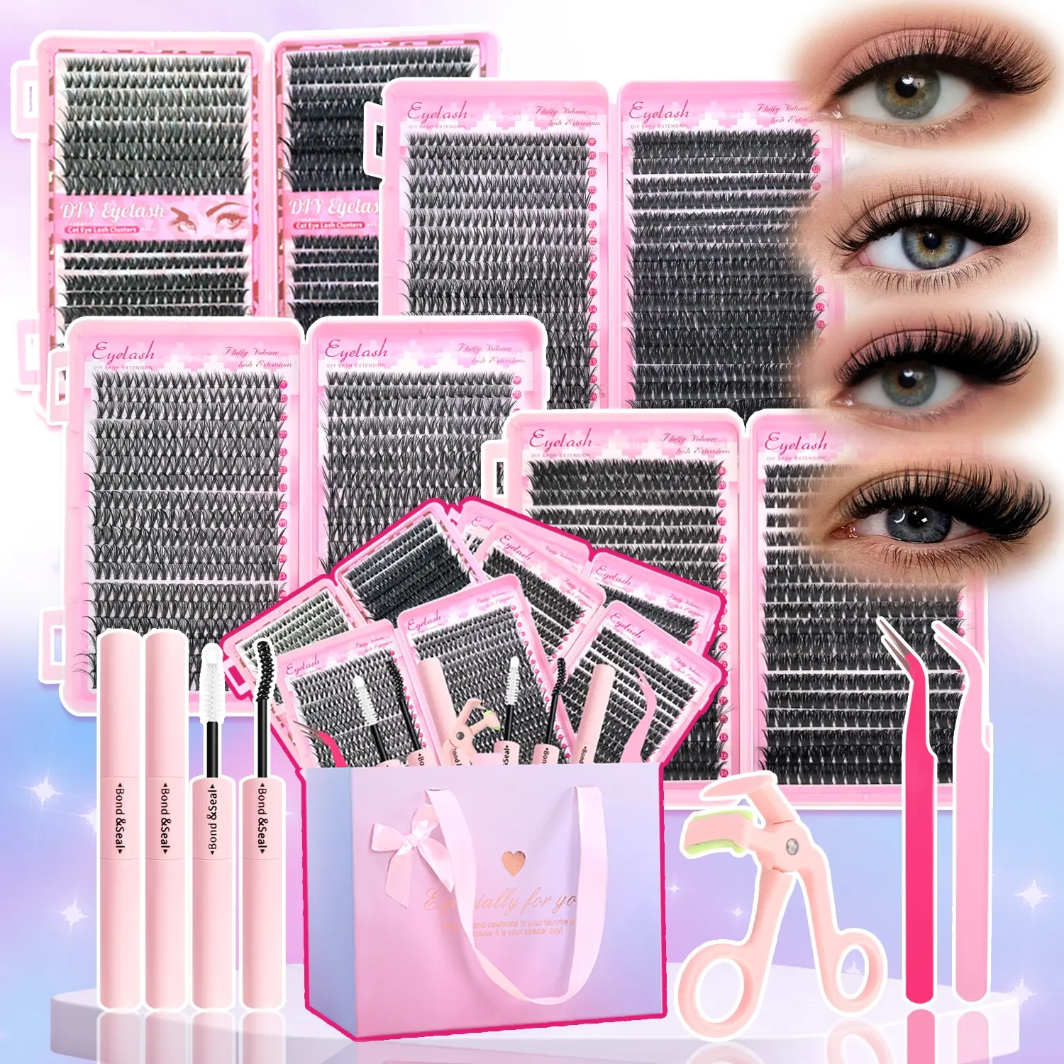 DIY Lash Clusters Kit, Mixed-Length Cluster Lashes, Mixed Individual Lashes with Lash Bond & Seal Adhesives, Tweezers & Lash Curler, Natural-Looking Self-Application Fluffy Volume Lash Extensions, Perfect Gift for Her, High Quality Eyelashes