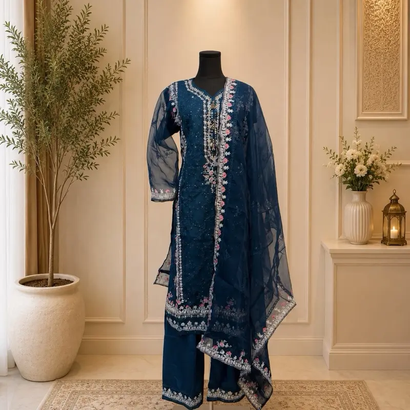 Pakistani dress designer by SADABAHAR 3-Piece Stitched Suit fabric is organza scarf material organza ready-to-wear nature of the outfit. Womenswear