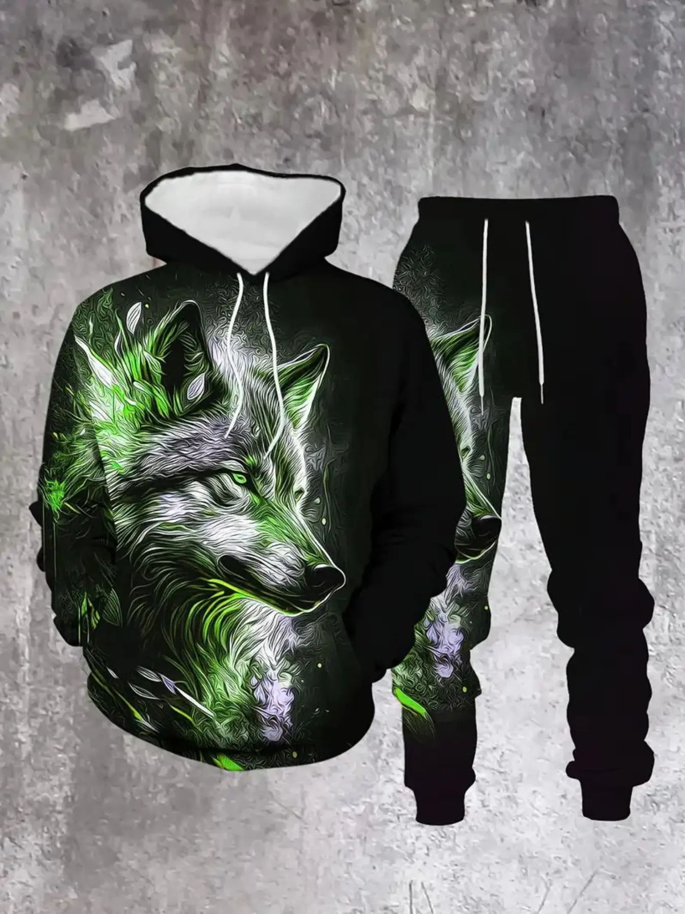 Men's Wolf Print Hoodie Set with Sports Pants, Casual Streetwear, Polyester Blend, Perfect for Spring & Fall Seasons, Streetwear Tracksuit Set, Sweatsuit Outfits, Casual Sportswear Outfit