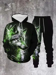 Men's Wolf Print Hoodie Set with Sports Pants, Casual Streetwear, Polyester Blend, Perfect for Spring & Fall Seasons, Streetwear Tracksuit Set