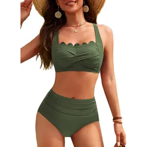 Scallop Two Piece High Waisted Bikini Set for Women Tummy Control Vintage Swimsuit Bathing Suits