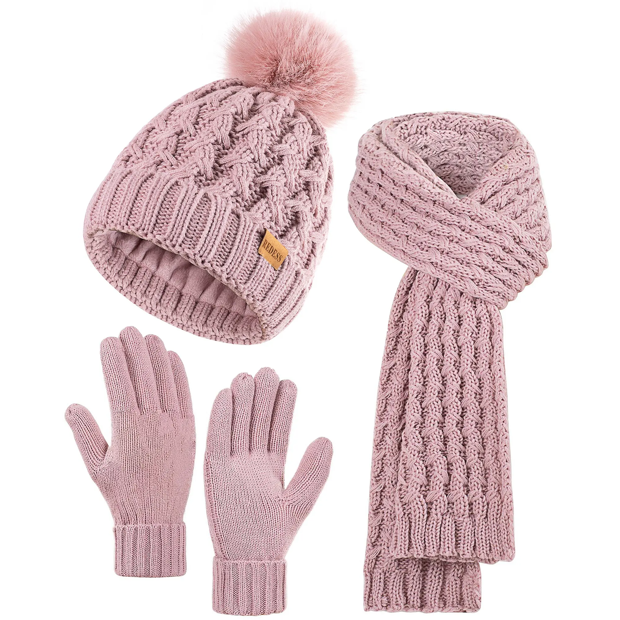 Women Winter Knit Beanie Scarf Gloves Set Fleece Lined Pom Pom Hat Touchscreen Gloves Fashion Warm summerwins