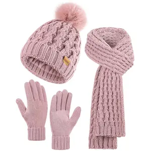 Women Winter Knit Beanie Scarf Gloves Set Fleece Lined Pom Pom Hat Touchscreen Gloves Fashion Warm