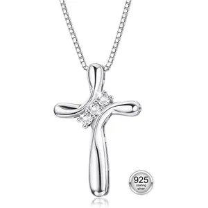 MILACOLATO 925 Sterling Silver Cross Necklace for Women 3 Stone Cubic Zirconia Silver Cross Pendant Necklaces with 1 MM Box Chain,18 Inches