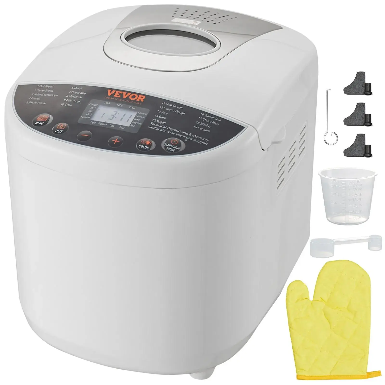 【Summerfinds】VEVOR Bread Maker,  , 19-in-1 2LB Dough Machine, Nonstick Ceramic Pan Automatic Breadmaker with Gluten Free Setting, Whole Wheat Bread Making, Digital, Programmable, 3 Loaf Sizes, 3 Crust Colors, White