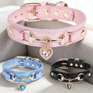 Fashion Dog Collar - Bling Rhinestones & Heart Charm (Gold Buckle, 5-Hole Adjustable)