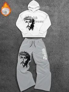 Men's Loose Faith Jesus Religious Print Sportswear Set, Hooded Sweatshirt & Sports Pants, Warm Fleece Fabric, Casual Streetwear, Sweat Suit