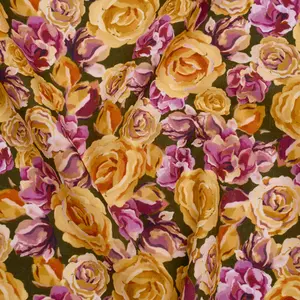 Medium Weight Linen Woven Print - Mustard Yellow, Magenta Pink and Dark Olive Green Roses
