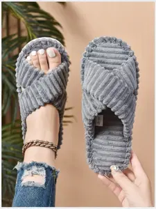 Women's Soft Cross Strap Fleece Slippers, Non-Slip Eva Sole, Comfortable Indoor Bedroom Shoes, Fall Winter Casual Lazy Style