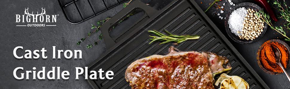 BIG HORN OUTDOORS Cast Iron Grill Plate - Double Sided Griddle with Handles for Gas Stove tops, Oven, and Open Fire - Cookware