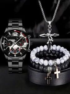 Men's Watch & Bracelet & Pendant Necklace Set,Stone & Cross Charm Decor Beaded Set, Stackable Bracelets, Fashionable Jewelry for Women & Men, Trendy All-match & Exquisite Jewelry for Birthday Gift