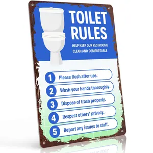 Toilet Rules 5 Step Public Restroom 12x8 Inch Aluminum Metal Sign - Retro Rustic Bathroom Wall Decor, Commercial Restroom Sign