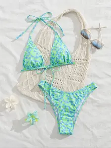 Two-piece green random print strappy halter neck front middle tied sexy backless women's bikini swimsuit set Tie Back Bikinis