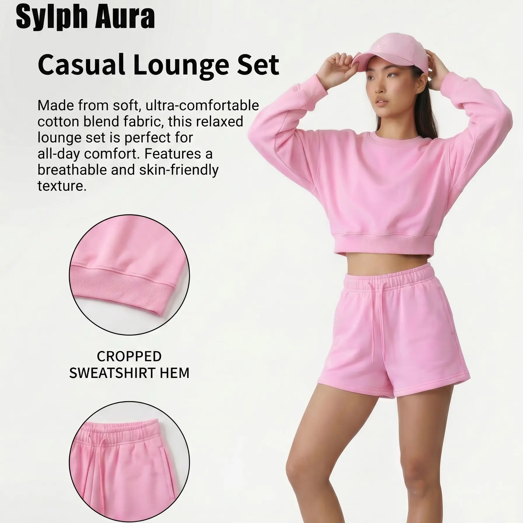 New Spring/Summer Women's Cloth Short Crew Neck Long-Sleeved Sweatshirt + Drawstring Shorts Set