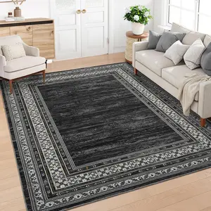 GARVEE 9x12 Washable Living Room Area Rug - Soft, Non-Slip, Low Pile Carpet for Bedroom, Office, Dining Room - Modern Indoor Floor Cover, Distressed, Foldable, Thin, Black