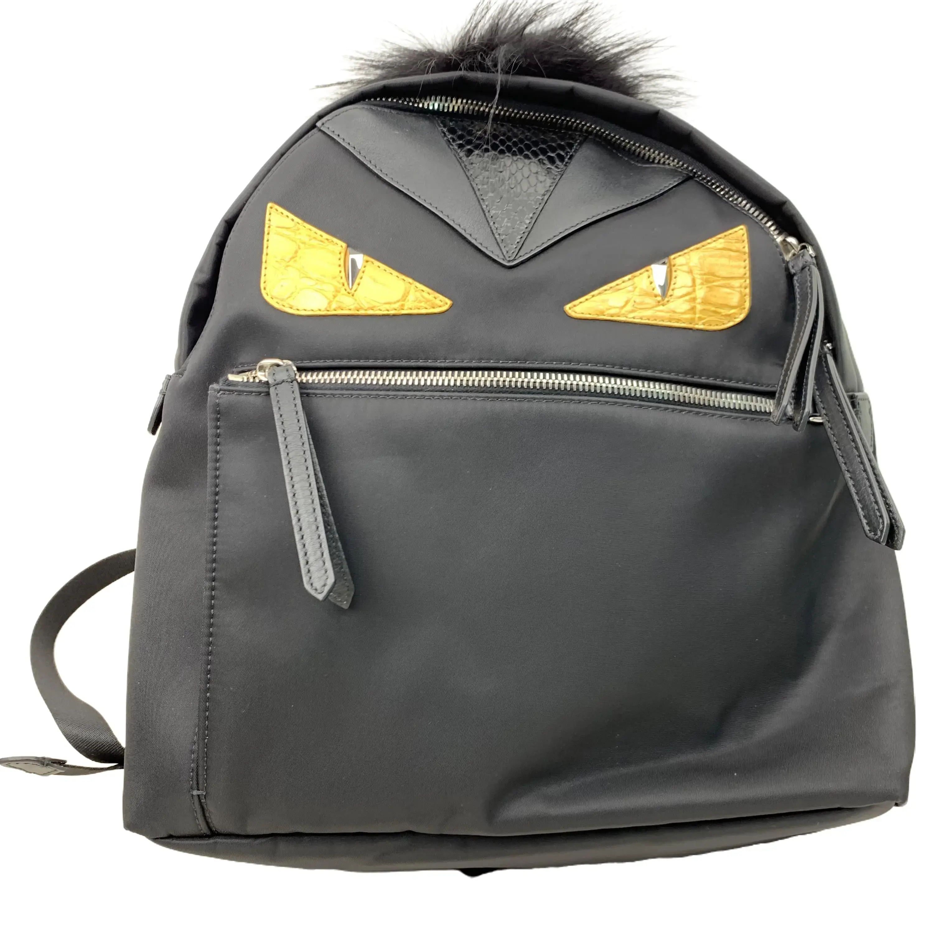 Pre-owned FENDI Monster Eyes Black Nylon Backpack with Fur Pom Pom TKB00000239