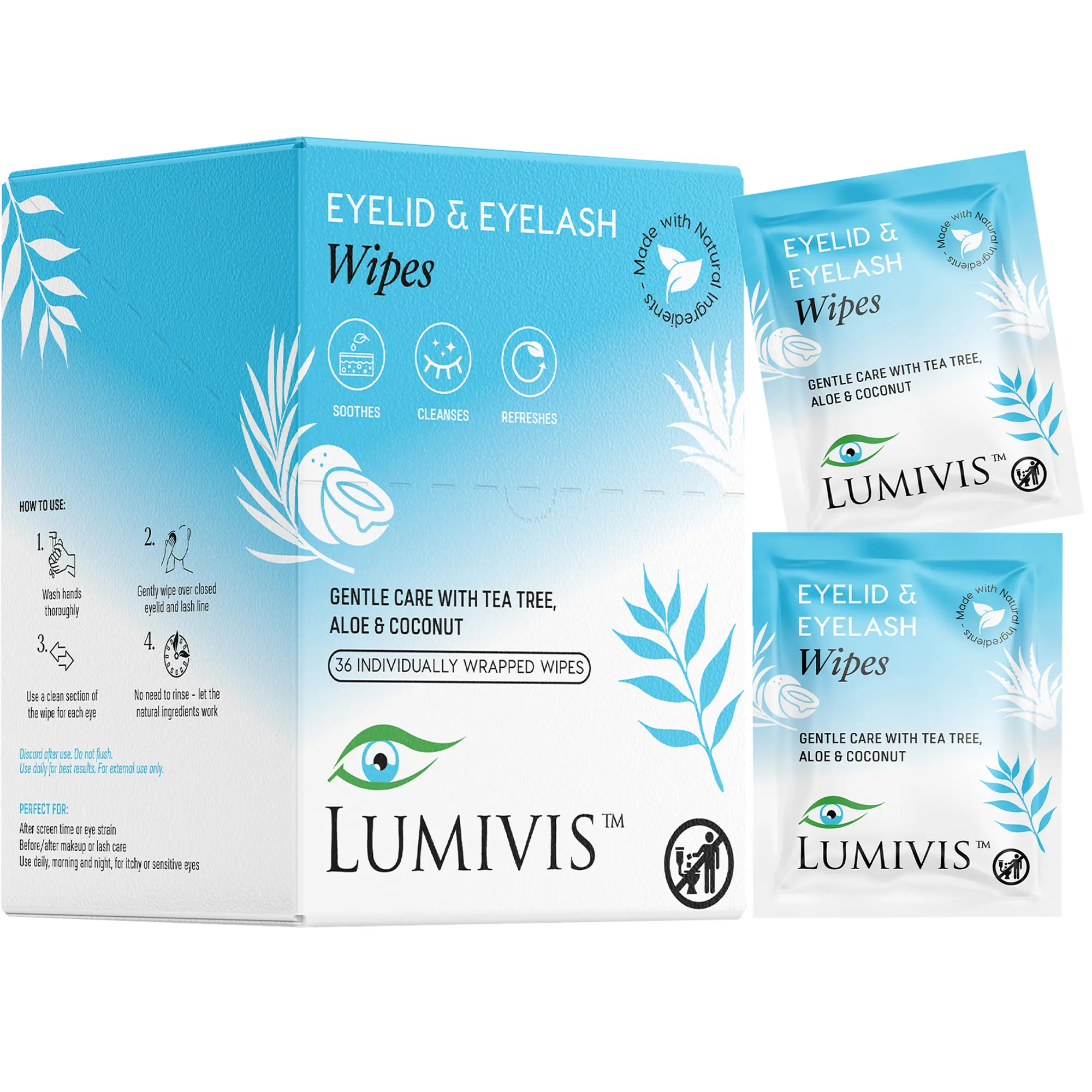 Tea Tree Oil Eyelid Wipes – Gentle Daily Eye Care, 36 Sachets