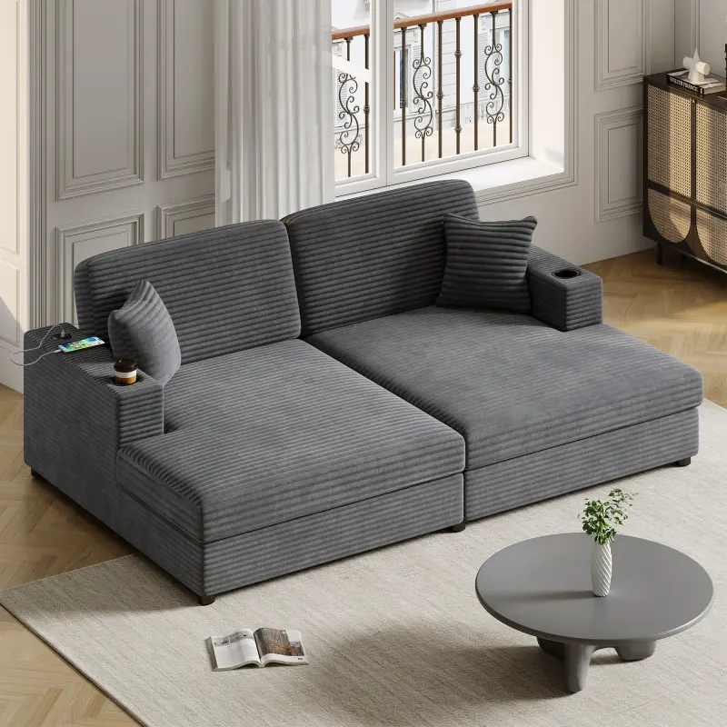 86.5" Oversized Loveseat Chaise Lounge Sectional Sofa Bed Corduroy Sleeper Sofa with Two USB Ports , Two Cup Holders and Two Throw Pillows for Living Room and Bedroom, Dark Gray   WL RR Comfy Corduroy Sofa U Shape Sofa, Convertible Sleeper Couch