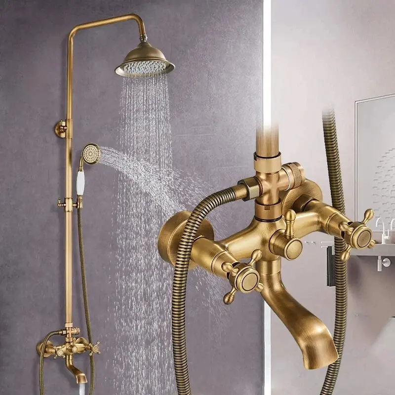 ATSHOWER Antique Brass Shower System Bathroom Shower Faucet Set with 8 Inch Shower Head Handheld Spray and 360 ° Rotation Tub Spout 2 Cross Handles Outdoor Shower Fixtures