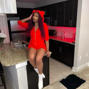 Short Fuzzy Onesie Pajamas - Cozy Hooded Zip-Up Sleepwear for Women