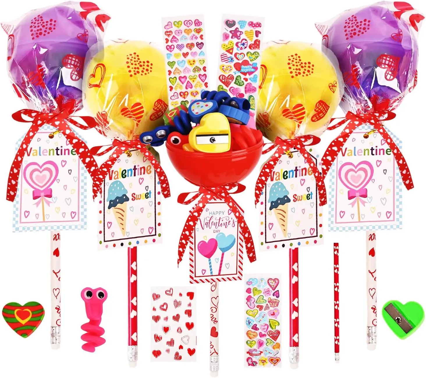24 Pack Valentine’s Day Classroom Gift Stationery Set with Cards, Pencils, Erasers, Stickers & Sharpeners – Kids Valentine Exchange, School Party Favors, Goodie Bag Fillers