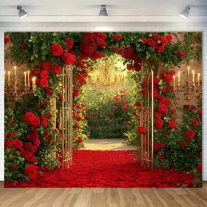 Red Rose Romantic Backdrop Valentine Floral Backdrop Luxury Flower Background Cloth Rose Tapestry Wall Hanging Photography Background Polyester Fiber Home Wedding Party Event Studio Decor Prop Wall Art