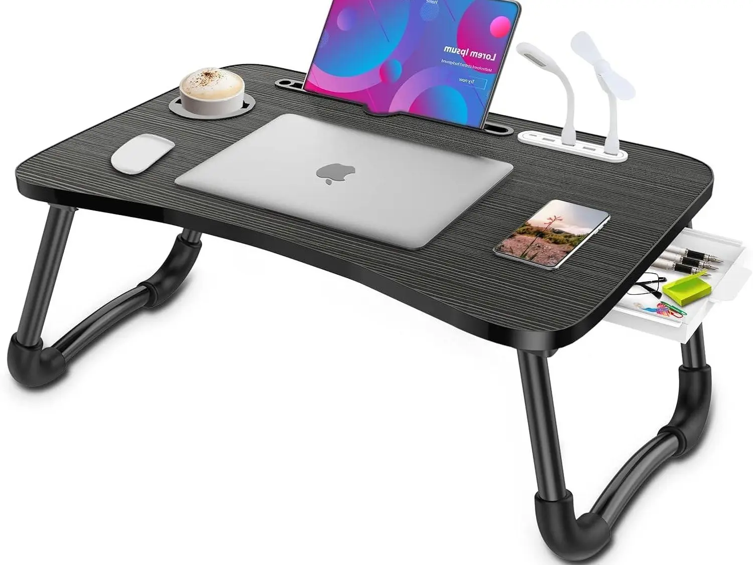 Foldable Laptop Table - Portable Foldable Workstation with 4 USB Ports, Storage Drawer, Cup Holder for Bed, Couch