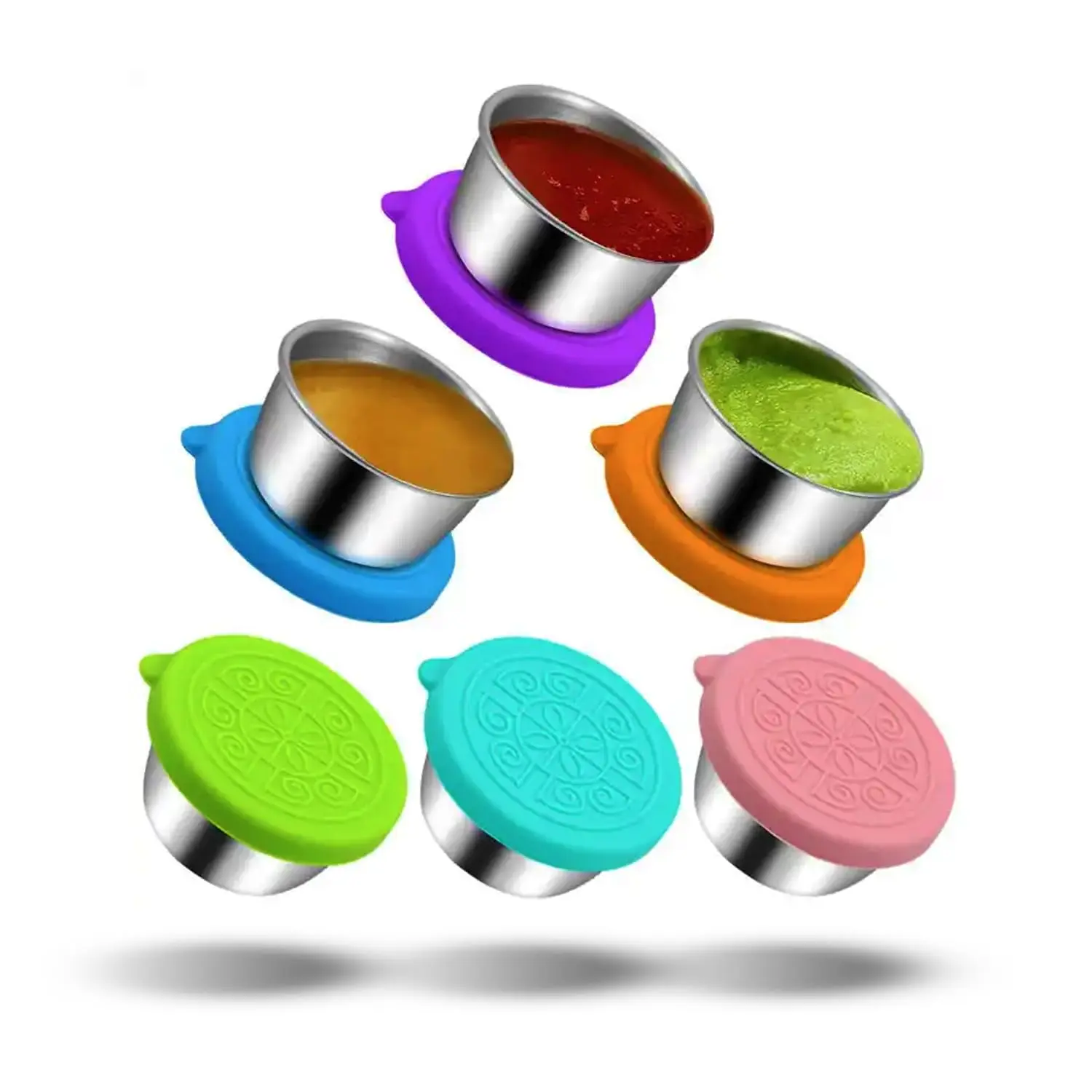 6pcs Stainless Steel Mini Food Storage Containers - 2.36Oz/70Ml Leak-Proof Silicone-Lidded Reusable Salad Dressing Cups, Dishwasher-Safe Kitchen Utensils for Work, Picnic