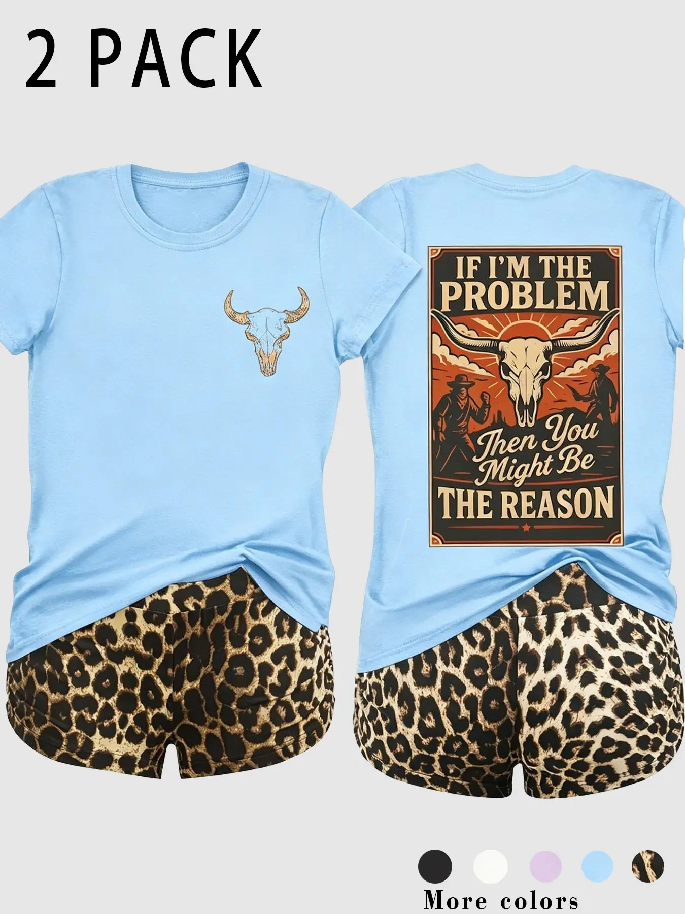Women's 2-Piece Western Style Print T-Shirt + Leopard Shorts Set, Vintage Poster Print, Skull Detail, Soft Cotton, Streetwear