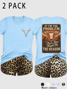 Women's 2-Piece Western Style Print T-Shirt + Leopard Shorts Set, Vintage Poster Print, Skull Detail, Soft Cotton, Streetwear