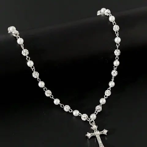 Vintage Stylish Simple Rhinestone Cross Decorated Imitation Pearl Bling Necklace, Necklace Gift, Faux Pearl Jewelry, Men's Hip Hop Punk Jewelry for Elegant Charm
