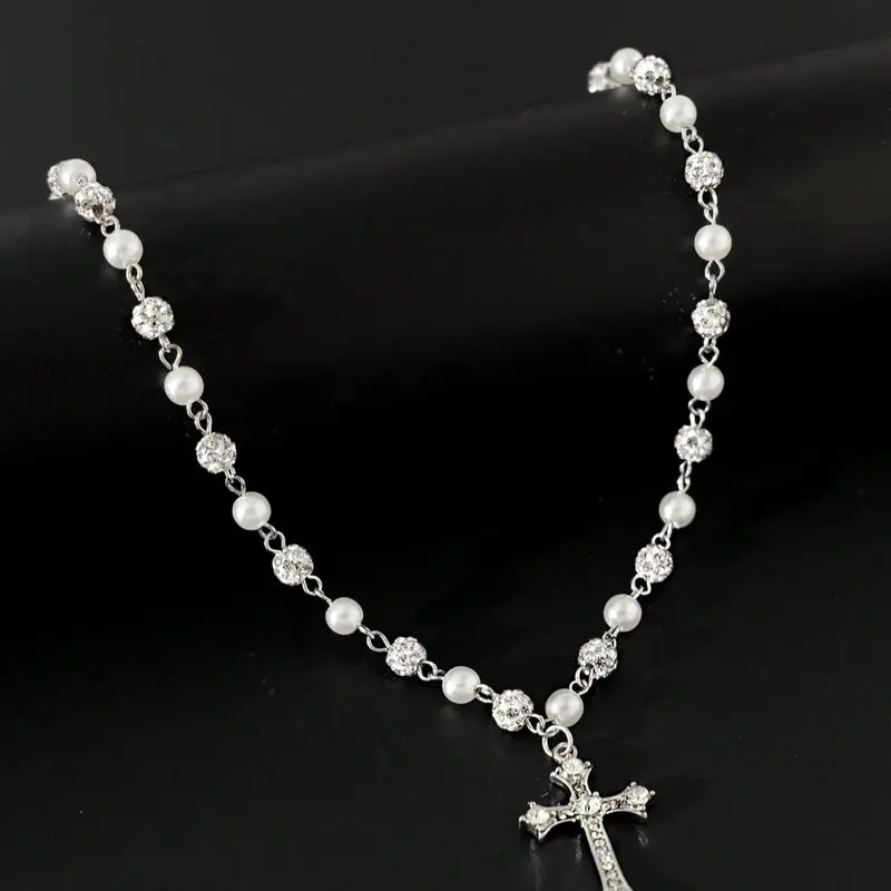 Vintage Stylish Simple Rhinestone Cross Decorated Imitation Pearl Bling Necklace, Necklace Gift, Faux Pearl Jewelry, Men's Hip Hop Punk Jewelry for Elegant Charm