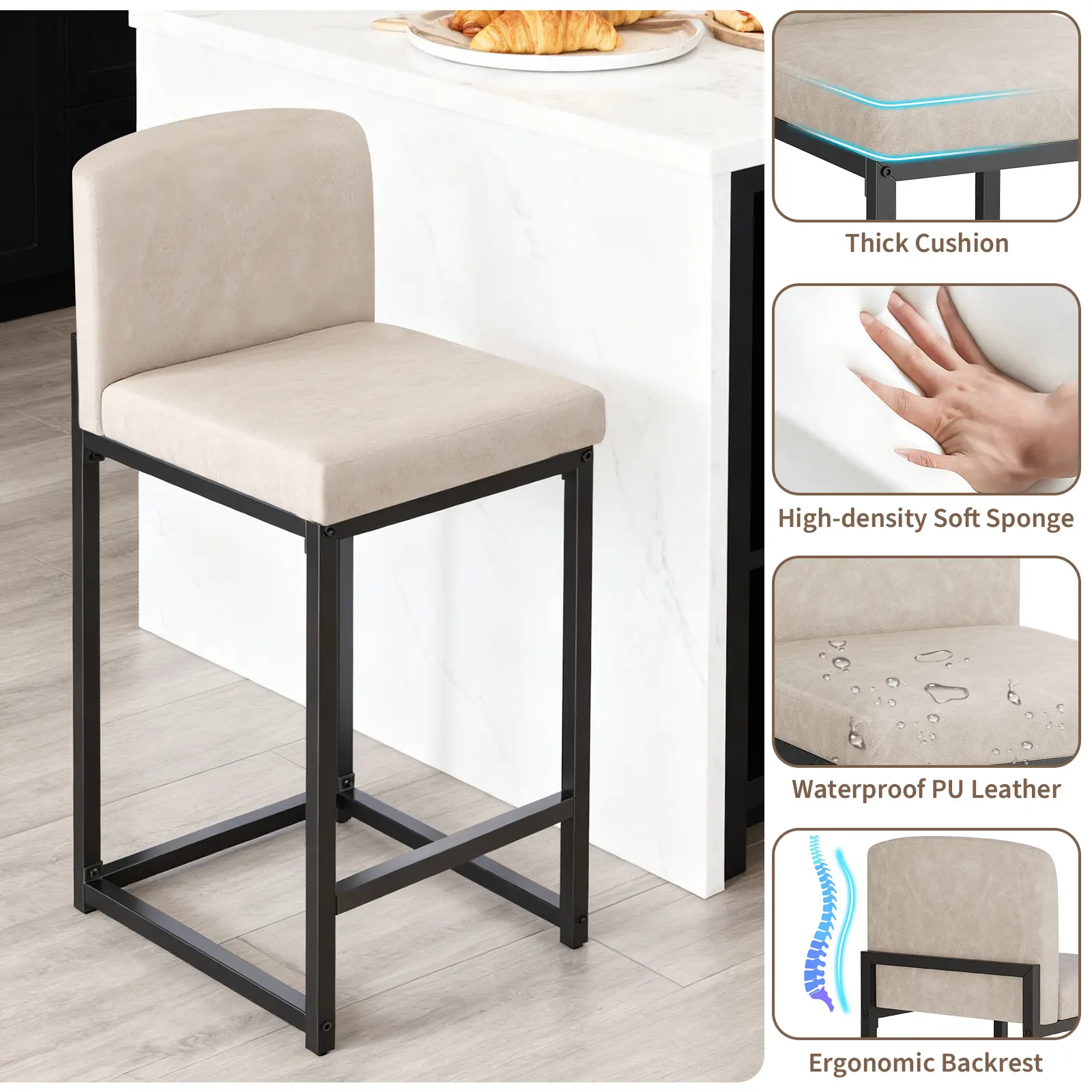 Garvee Modern Counter Height Bar Stools Set of 2 – Faux Leather Upholstered Chairs with Ergonomic Backrest & Footrest – 24-25 Inch Barstools for Kitchen Island, Dining Room, Bar Area