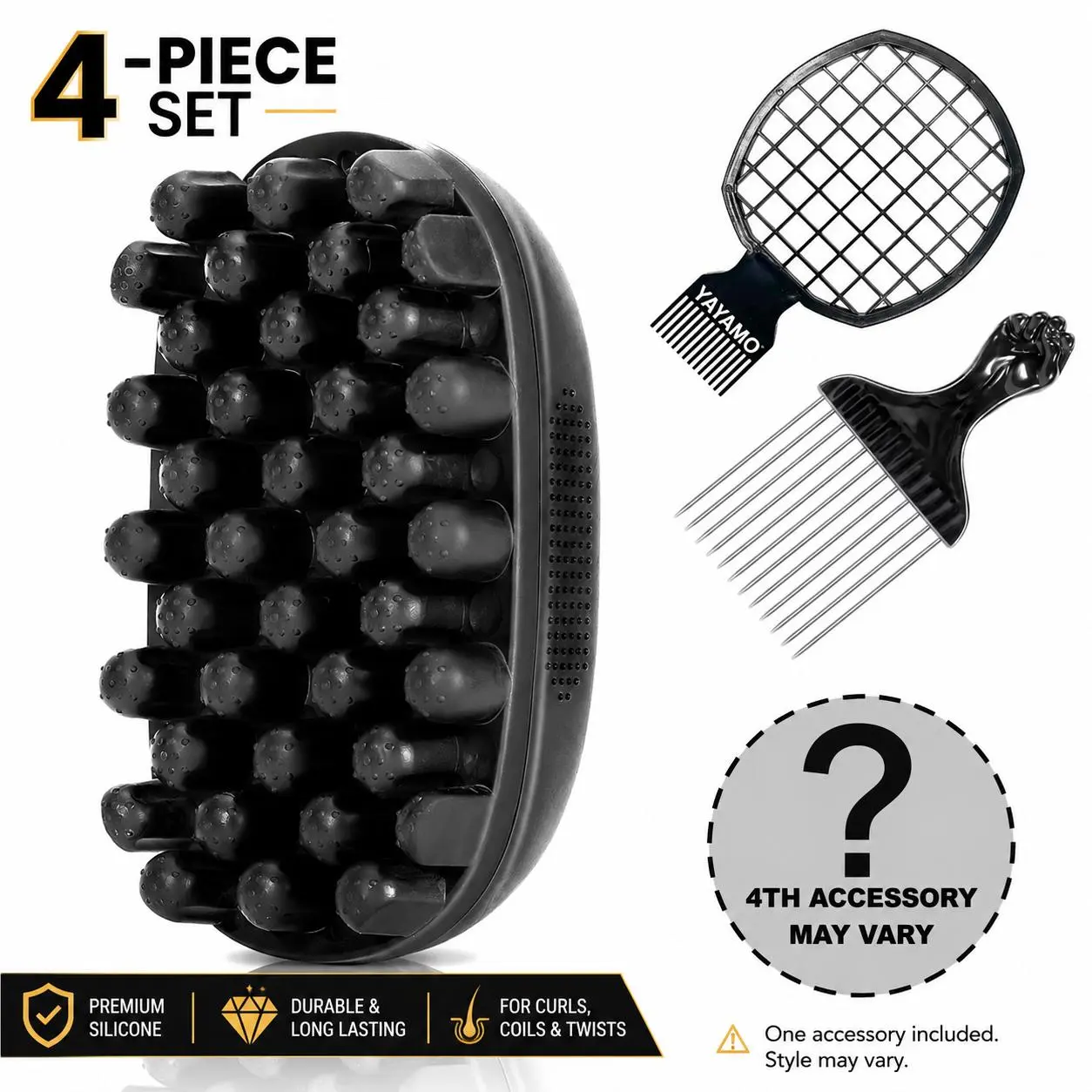 4Pcs Freeform Twists Kit for Men's Afro Coily Hair - Premium Silicone Brushes with Nylon Bristles, Metal Fist Pick, Racquet Comb, Dual-Sided Edge Brush for Edge Definition & High Volume Styling, Curly, Hair Journey