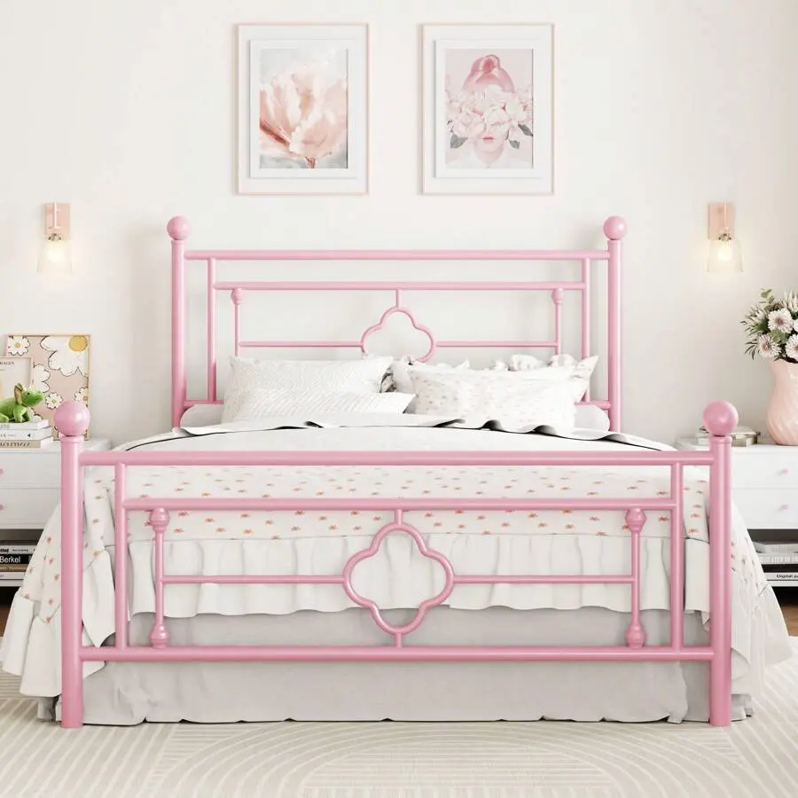 14 Inches 4 Size 4 Color Metal Platform Bed Frame/Vintage Iron-Art Headboard And Footboard/Mattress Foundation/No Box Spring Needed/Noise-Free/Easy Assembly, Room Decor, Bedroom Christmas Decorations Home Decor Christmas Gift, Gold|White|Black|Pink *