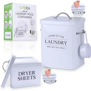 2 Pack Laundry Detergent Container and Dryer Sheet Holder Dispenser with hermetic seal,Farmhouse Laundry Room Organization Containers, Large Metal Laundry Detergent Powder Storage with Scoop