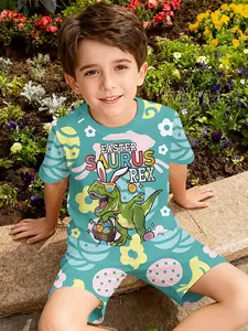 Turquoise Easter Saurus Rex Dinosaur Bunny Ear Two-Piece Short Sleeve and Shorts Set, 100% Polyester Casual Loose Outfit, Summer Fun Printed Pattern, Outdoor Sports T-Shirt Set, Perfect Gift for Boys
