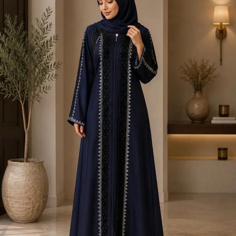 Women's #43 Dubai Luxury 1-Piece Abaya Dress Set, Long Sleeve Modesty Wear with Matching Hijab, Muslim Clothing in Embroidered Abaya Style, Long Sleeve Abaya