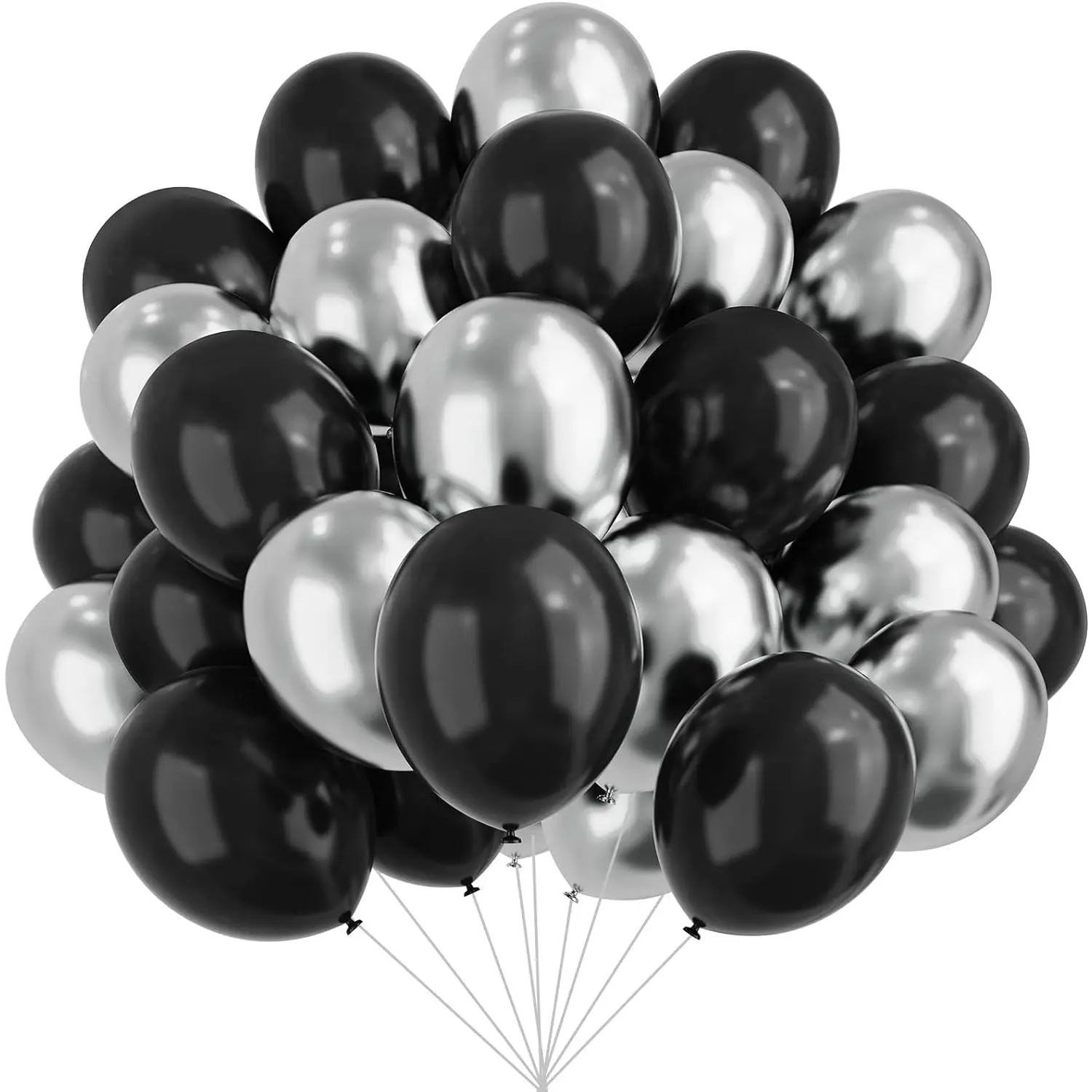 67pcs 12-in Glamorous Classy Metallic Chrome Balloons Kit - Black & Gold, 20 Metallic Chrome Silver Balloons with Ribbon for Birthday, Wedding Decorations (Home & Festive Party Supplies)