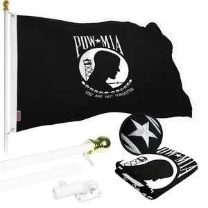 G128 Flag Pole 5 FT White Tangle Free & POW MIA Flag Emb 2.5x4 FT Combo Embroidered Spun Polyester