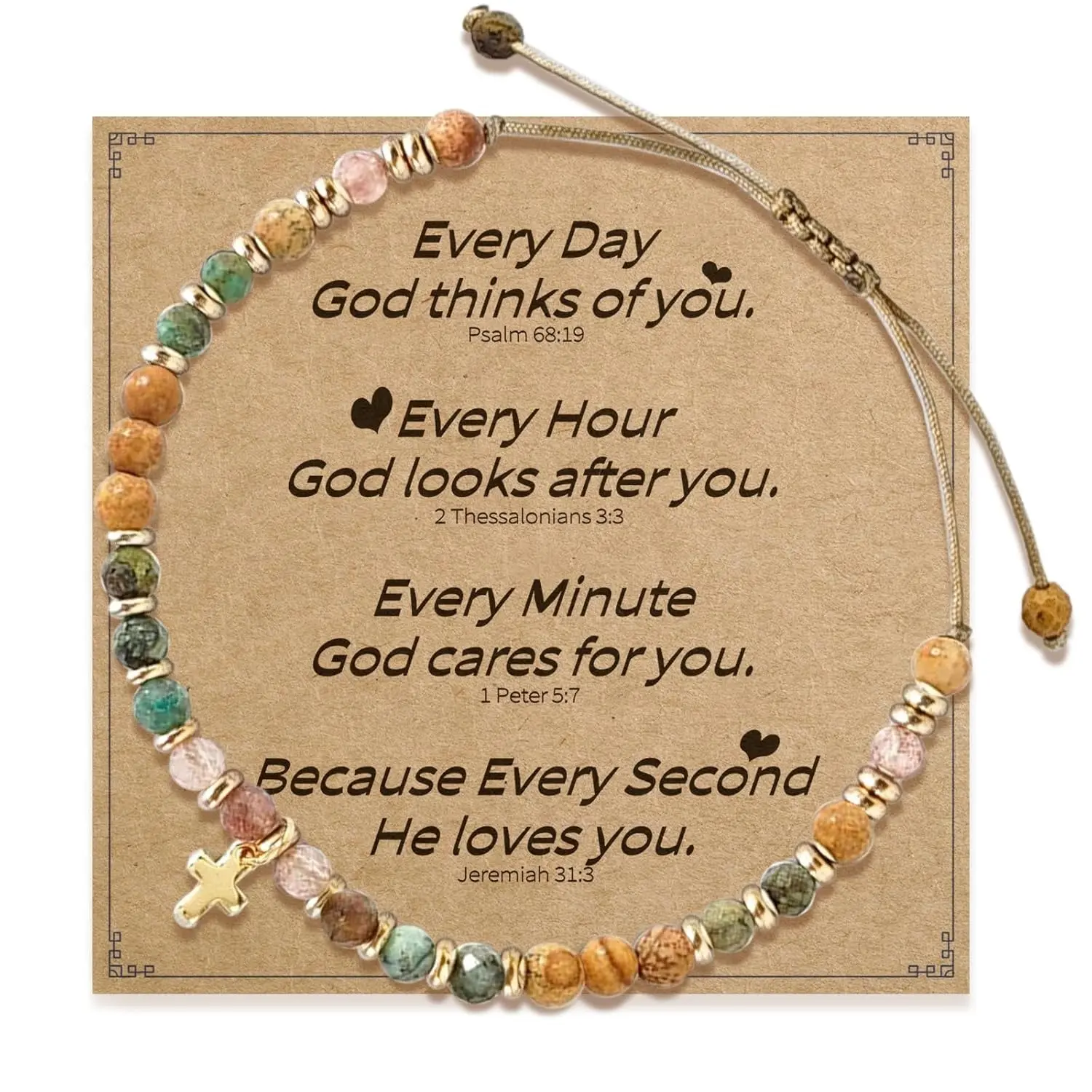 Women's Handmade Natural Stone Beaded Bracelet - Gold-Tone Faithful Cross Pendant, Inspirational Quote Jewelry, Happy Birthday Birthday Gift Ideas