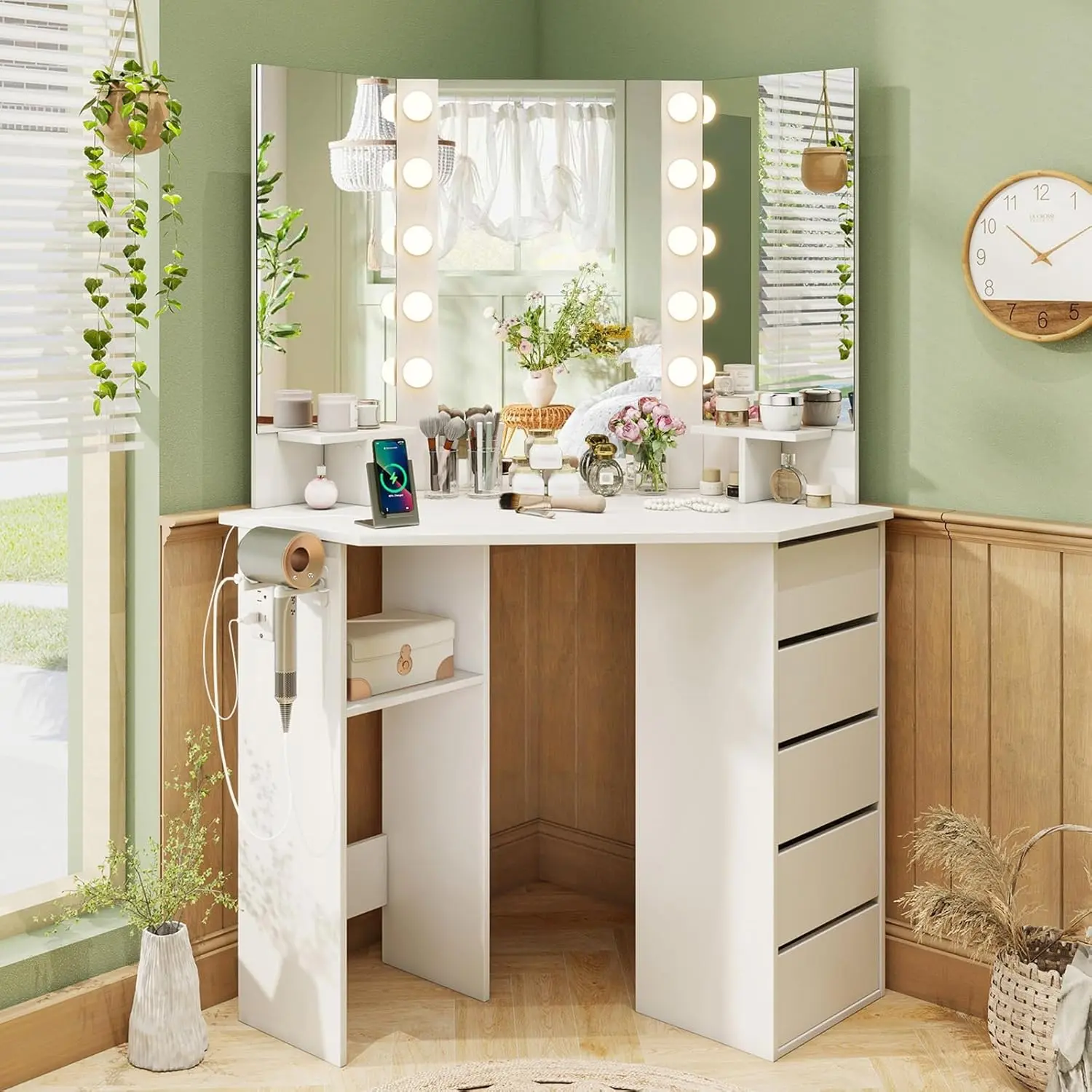 Costway  Corner Vanity Desk with Mirror and Lights, Black Makeup Vanity Table with 5 Drawers, Storage Shelves, Charging Station, 3 Lighting Modes