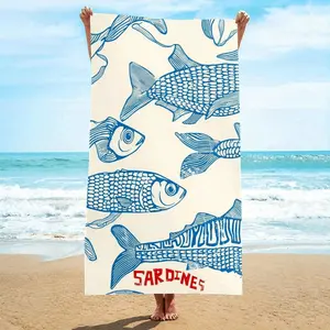 Single Pack, Ultra-Fine Fiber Beach Towel with a Blue Fish Pattern, Featuring The Word 'SARDINES', Quick-Drying Ultra-Fine Fiber, Strong Wrap Design, Suitable for Beach And Pool Use