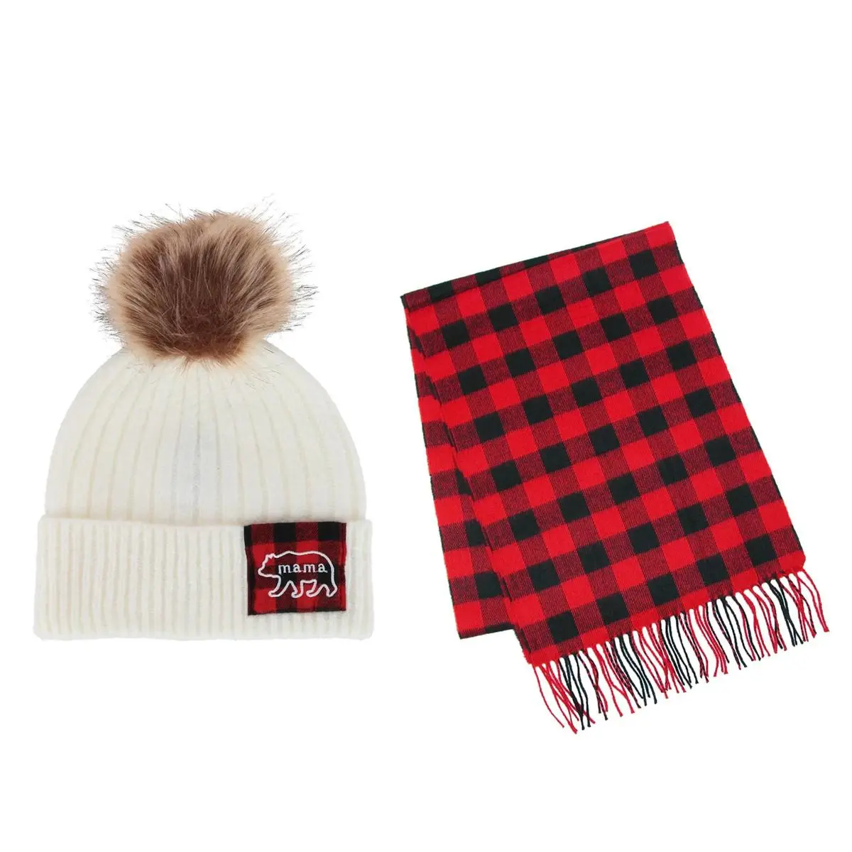 David And Young Mama Bear 2-Piece Set, Cute Female Buffalo Plaid Soft Knit Beanie with Pom and Scarf for Winter Layering, Proud Mama, Coordinating Set, Hat, Synthetic