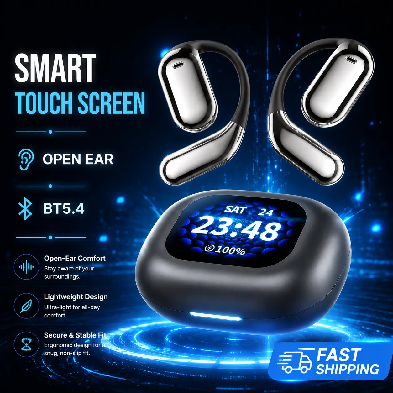 Smart Screen Open Ear Earbuds Bluetooth 5.4 Wireless Headphones with Touch Display Charging Case  AI Clear Calls, Sport Earbuds, Lightweight Secure Fit Audio Black