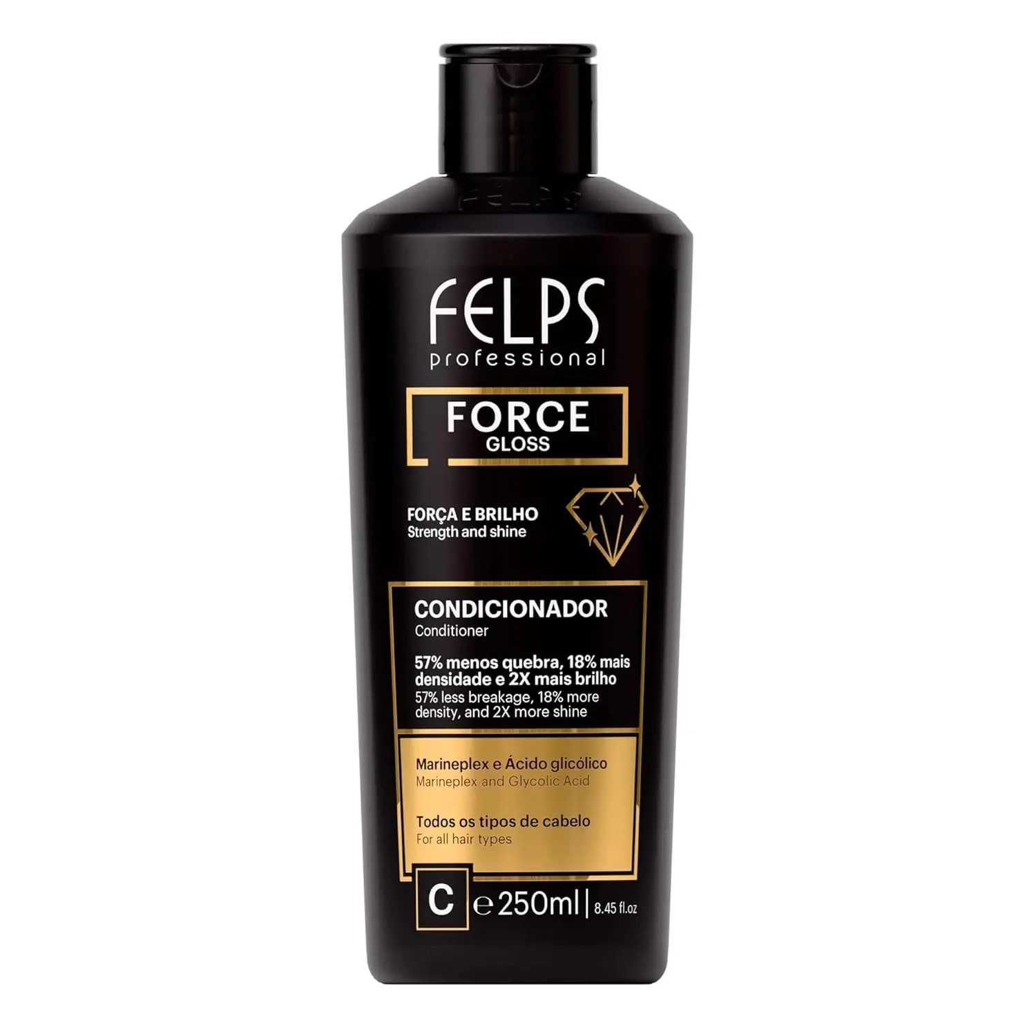 Felps Professional Force Gloss Conditioner, Marineplex and Glycolic Acid, Strengthening Treatment for All Hair Types, 8.45 fl oz (250mL)