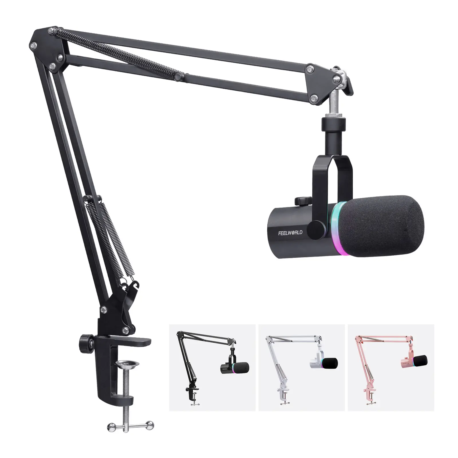 FEELWORLD PM1 XLR USB Dynamic Microphon White Pink Black Optional with Boom Arm Stand for Podcast Recording PC Computer Gaming Live Streaming Vocal Voice-Over, Studio Metal Mic, RGB Light, Mute Button, Headphones Jack
