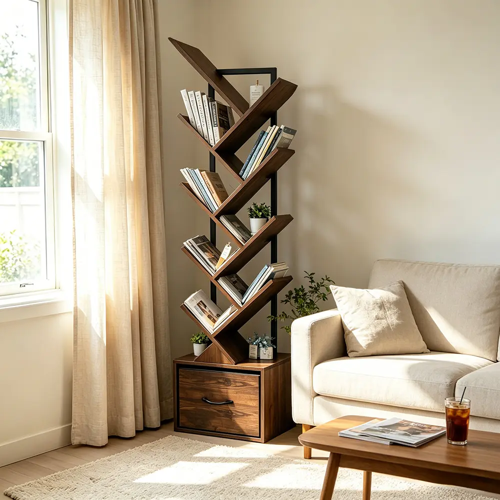 10 layer tree shaped office bookshelf, floor standing wooden bookshelf with storage drawers, suitable for narrow spaces, can store books/CDs/magazines, with laminated bookshelf, suitable for office furniture, living room - brown